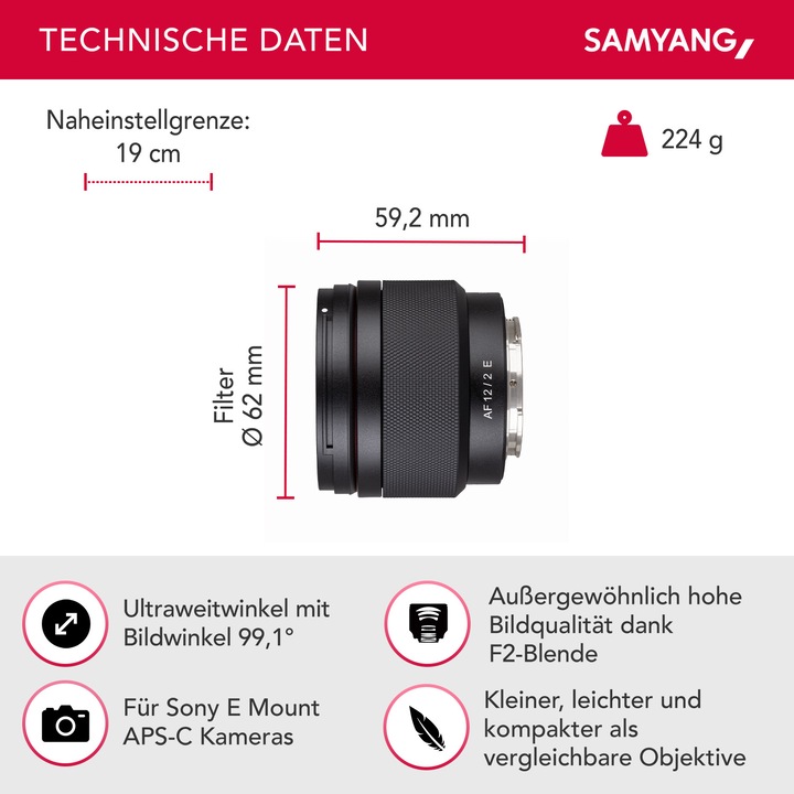 Image du produit Samyang AF 12mm f/2.0 Sony E-Mount (Sony E, APS-C / DX)