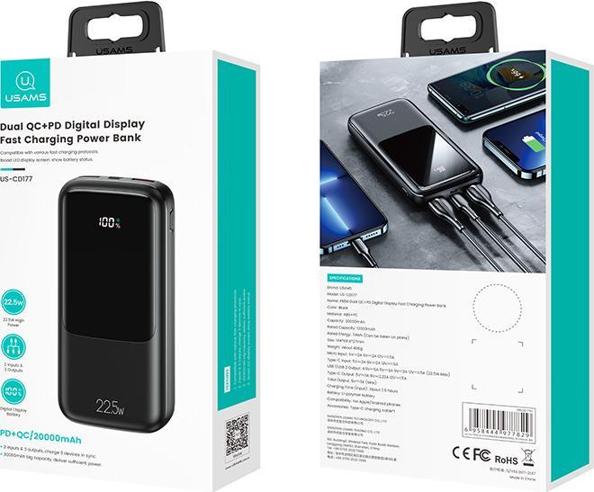 Actual product image Usams Powerbank PB58 20000 mAh Black (20000 mAh, 22.50 W, 22.50 Wh)