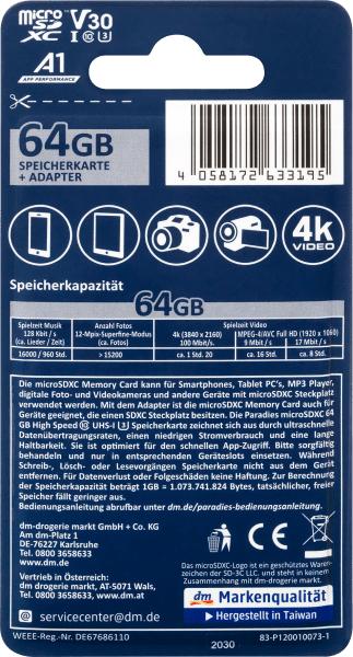 Produktbild Paradies MicroSDXC 64GB C10 UHS-I U3 V30 A1 (64 GB, microSDXC, U3, UHS-I)