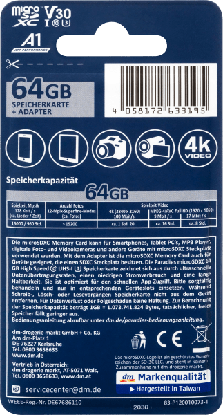 Produktbild Paradies MicroSDXC 64GB C10 UHS-I U3 V30 A1 (64 GB, microSDXC, U3, UHS-I)