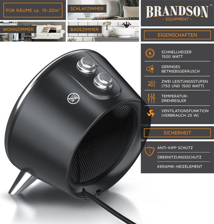 Produktbild Brandson Heizlüfter 1500 Watt, Keramik Heizelement und Thermosicherung, Badezimmer Keramikheizgerät (1500 W)