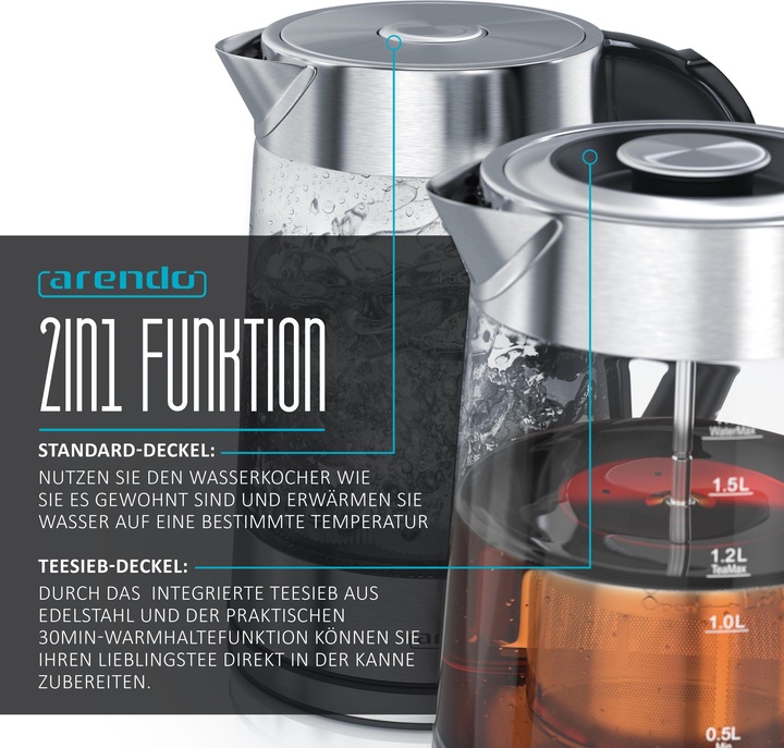 Actual product image Arendo Kettle 1.7 l, 2200 W, stainless steel & glass with tea strainer, tea maker, temperature selection (1.70 l)