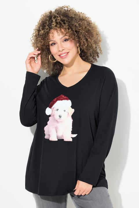 Produktbild Ulla Popken Weihnachtsshirt, Welpe, A-Linie, V-Ausschnitt, Langarm (56)