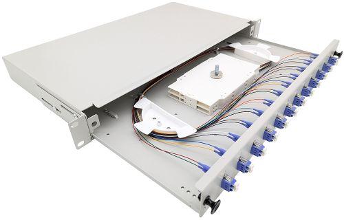 Produktbild Tecline LWL Spleissbox, 12-fach LC-Duplex, OS2, mit LC Duplex-Kupplungen und Pigtails, 19", ausziehba (S/FTP)