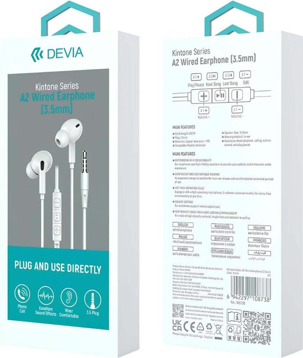 Actual product image Devia wired earphones Kintone A2 jack 3,5mm white (Cable)