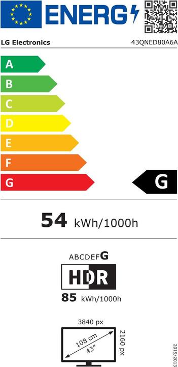 Label énergétique LG 43QNED80A6A (43", B5, QNED, 4K, 2025)