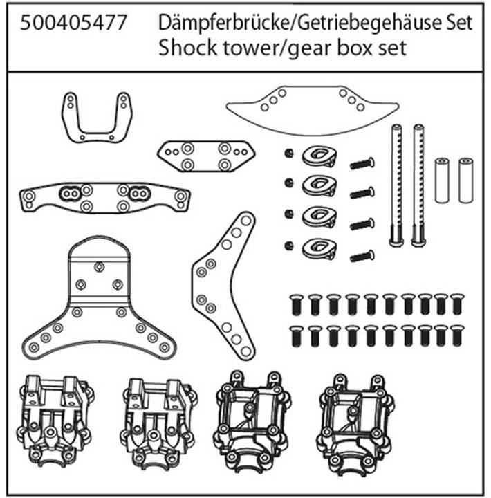 Actual product image Carson x10e damper bridge/gearbox housing set