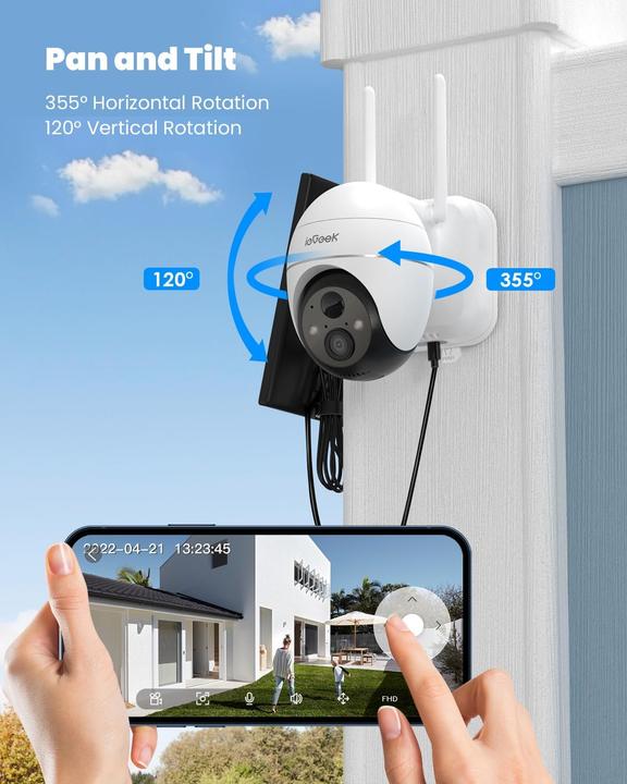 Actual product image IeGeek 2K Solar-Überwachungskamera mit Pan-Tilt (2560 x 1440 Pixels)