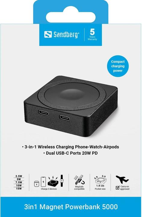 Immagine prodotto Sandberg 3in1 Magnet Powerbank 5000 (5000 mAh, 20 W, 18.50 Wh)