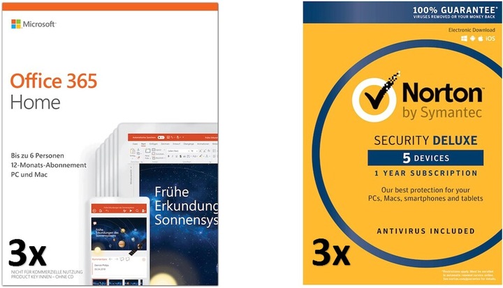 Produktbild Microsoft Office 365 Home 3x inkl. Norton Security Deluxe 5 Lizenzen 3x