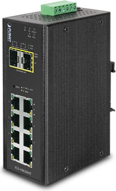 Image du produit Planet IP30 industriel 8x 1000TP + 2x 100/1000F SFP commutateur Ethernet entièrement géré (-40 à 75 degrés (8 ports)