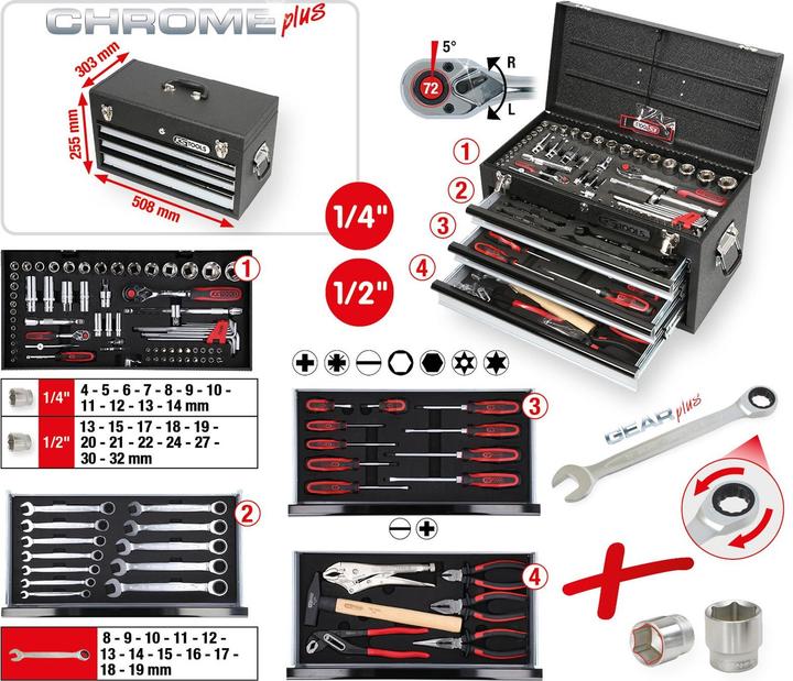Produktbild KS Tools 1/4" + 1/2" CHROMEplus Universal-Werkzeug-Satz, GEAR, 99 Teile, Flank Traction (29 mm, 32 mm, 26 mm, 22 mm, 21 mm, 20 mm, 11 mm, 12 mm, 13 mm, 23 mm, 10  mm, 31 mm, 17 mm, 14 mm, 19 mm, 27 mm, 28 mm, 16 mm, 25 mm, 24 mm, 18 mm, 30 mm, 15 mm, 5 mm, 6 mm, 9 mm, 8 mm, 4 mm, 7 mm)