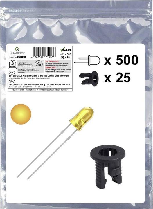 Quadrios 25O200 LED-Sortiment Gelb Rund 3 mm 700 mcd 20 mA 2.0 V