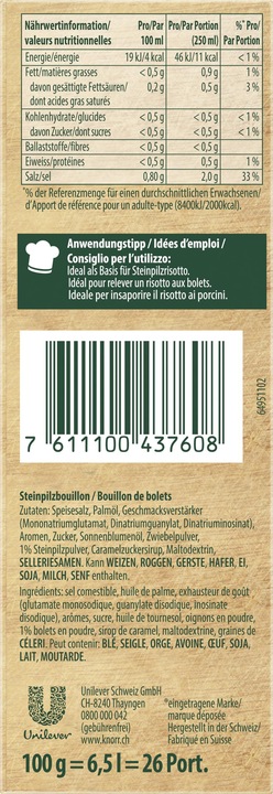 Valeurs nutritives et ingrédients Knorr Bouillon de bolets barre cubes pour soupes