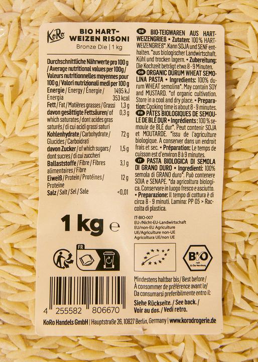 Nährwerte und Zutaten KoRo Bio-Teigwaren aus Hartweizengrieβ