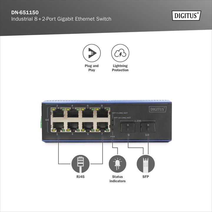 Produktbild Digitus Industrial 8 +2-Port Gigabit Ethernet Switch (8 Ports)