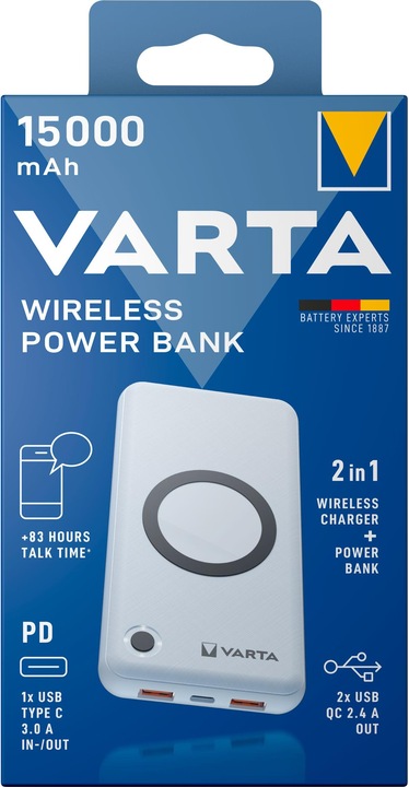 Productafbeelding Varta Draadloze Power Bank + Oplaadkabel (15000 mAh, 20 W, 55.50 Wh)