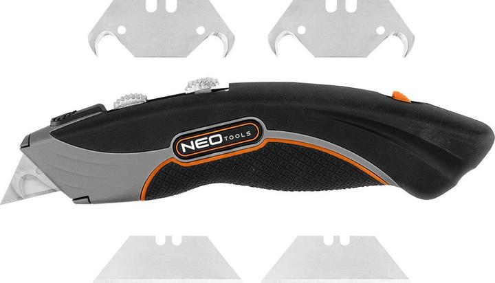 Actual product image Neo Knife with trapezoid and hook blade, metal housing with 6 blades