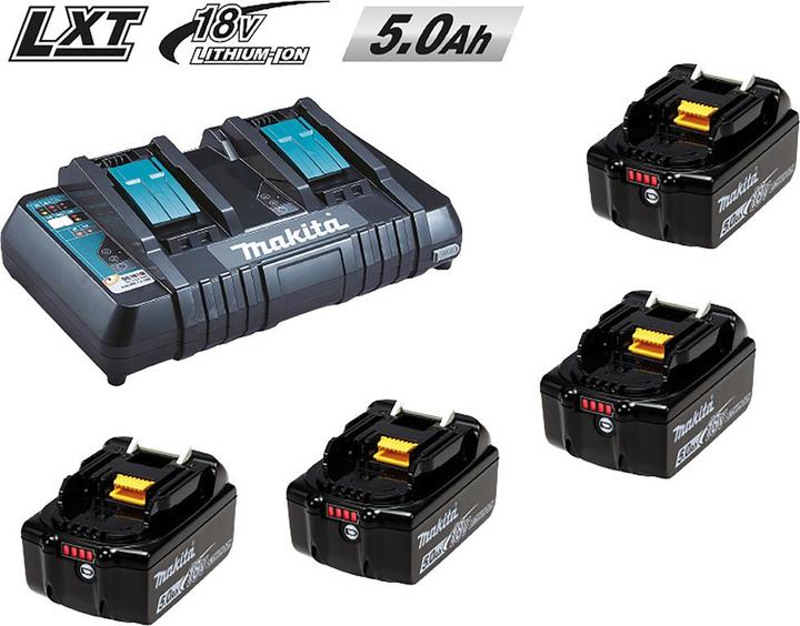 5,0 Ah, 1x DC18RD dubbele snellader, 4x Li-Ion accu's 18 Volt