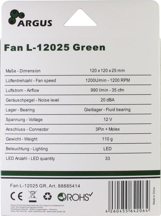 Actual product image Intertech L12025 - 120mm fan - green 1200rpm 33 LED spiral effect rubberized pads fluid sleeve bearing... (120 mm, 1x)