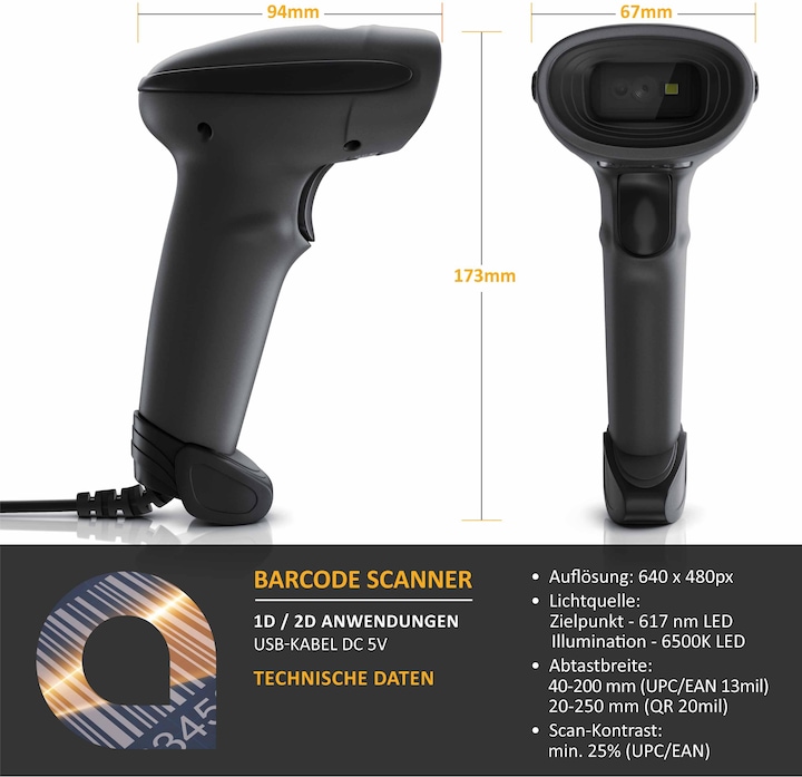 Produktbild Aplic USB Barcode Scanner kabelgebunden, Handscanner, 1D und 2D, Single Scan & Auto Scan (1D-Barcodes, 2D-Barcodes)