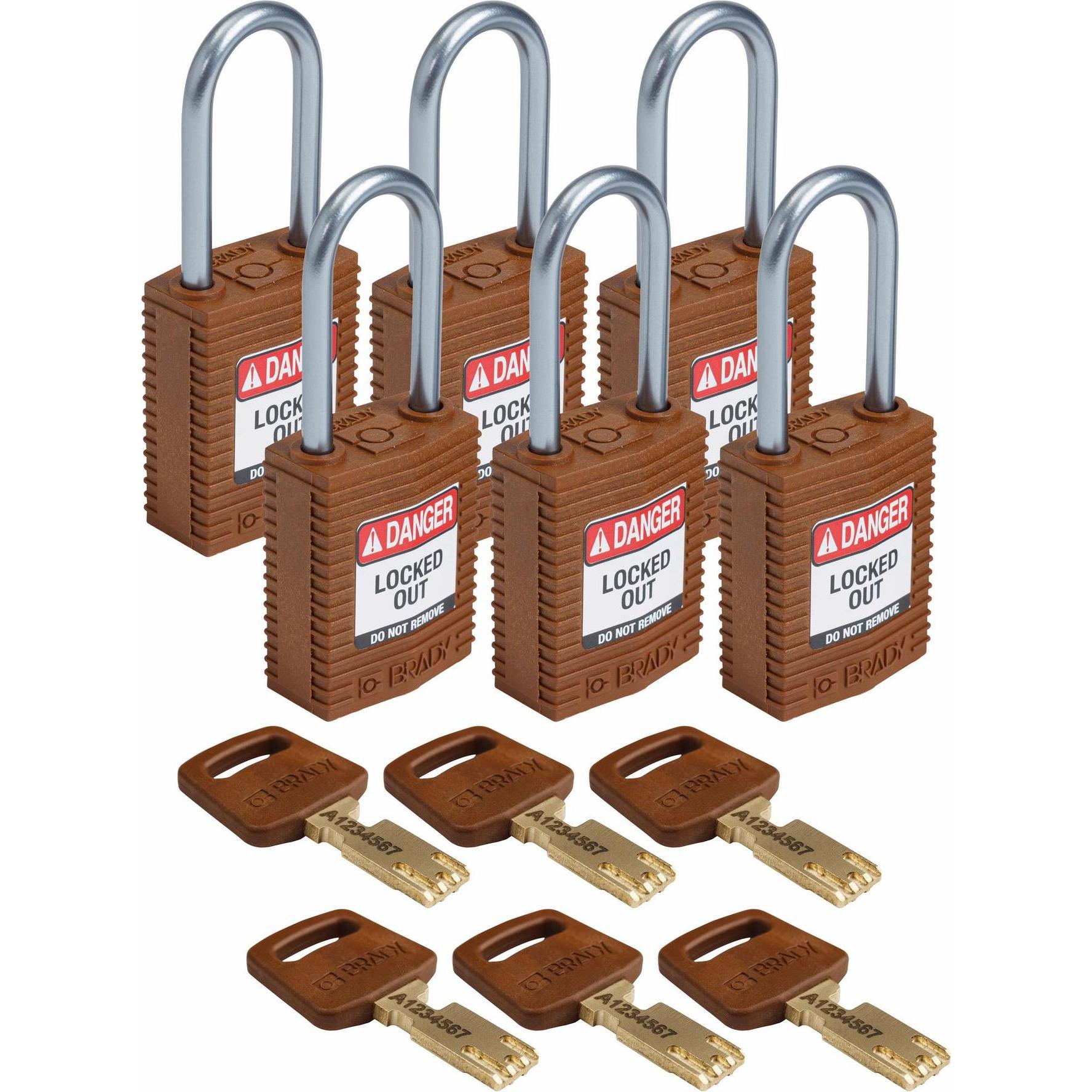 Brady, Vorhängeschloss, Safekey Kompaktes Nylon-Sicherheitsschloss mit Aluminiumbügel, Braun, 38 mm Bügelhöhe, 4.7 m