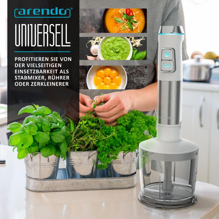 Produktbild Arendo Stabmixer 1200W, Pürierstab Edelstahl Set mit Messbecher, Zerkleinerer, Schneebesen, DC Motor, Weiss