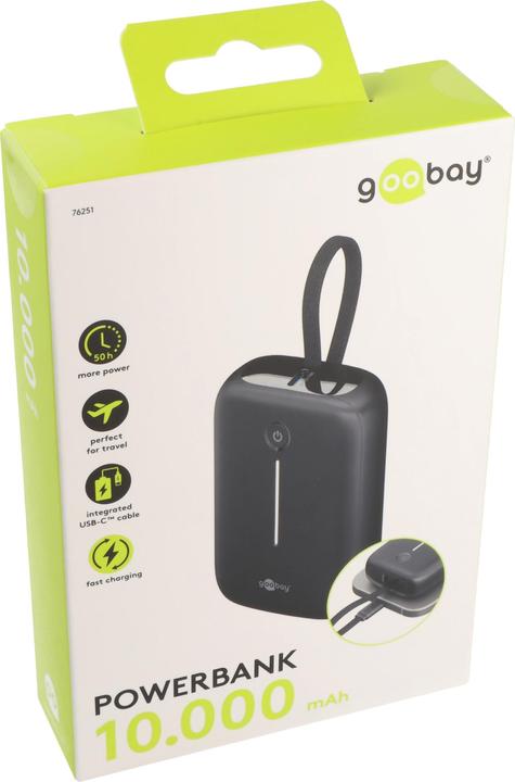 Actual product image Goobay Powerbank 10.000 mAh mit integriertem USB-C-Kabel (10000 mAh, 15 W, 37 Wh)