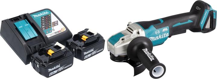 1x smerigliatrice angolare a batteria Makita DGA 520, 1x impugnatura laterale 36 cpl. (158237-4), 1x coperchio di protezione 125 mm (347618-9), 2x batteria ricaricabile Makita BL 1860 B 18 V 6.0 Ah, 1x caricabatterie Makita DC 18 RC