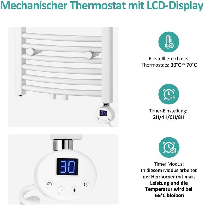 Produktbild Emke Heizelement für Handtuchwärmer mit Temperaturregler, 900W Weiss (1st Generation) (900 W)