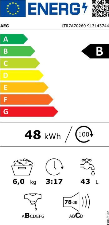 Energy Label AEG LTR7A70260 Top-loading washing machine 7kgSeries 7000, B (6 kg)