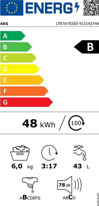 Label énergétique AEG LTR7A70260 Lave-linge à chargement par le haut 7kgSérie 7000, B (6 kg)