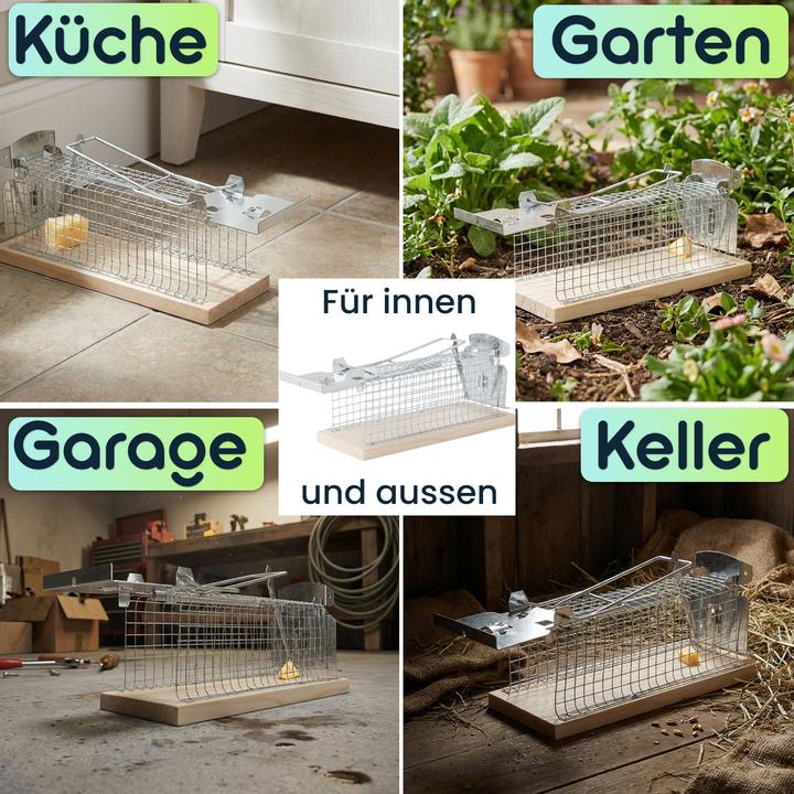 Produktbild Ideoon 4er-Set Maus-Käfigfalle - Wiederverwendbare Lebendfalle für innen und aussen - Effektive Mausefalle