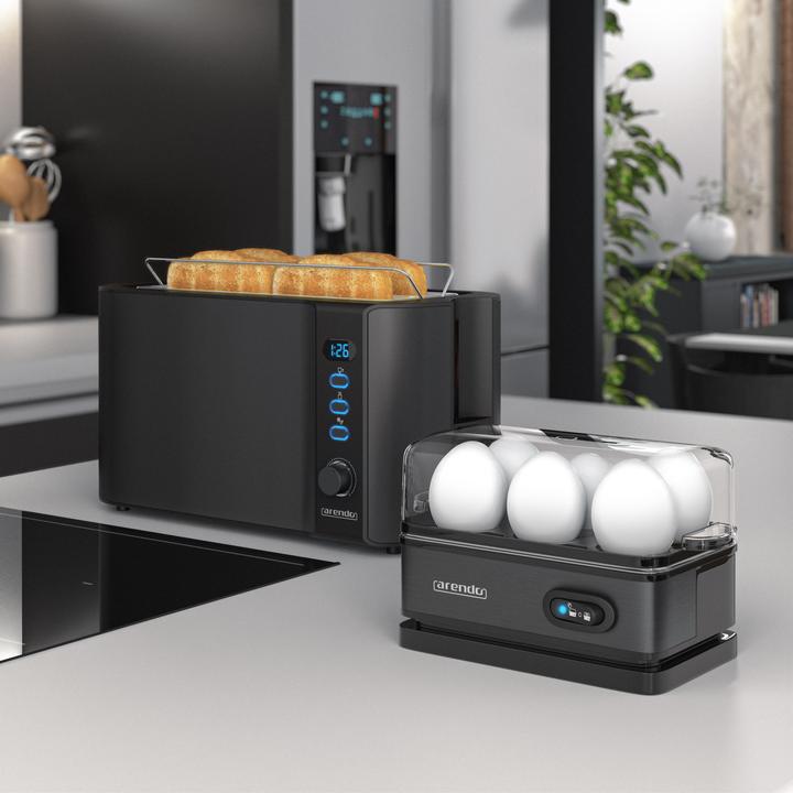 Produktbild Arendo Frühstücks Set, 4 Scheiben Langschlitz Toaster mit Brötchenaufsatz & Eierkocher für 6 Eier, Schwarz