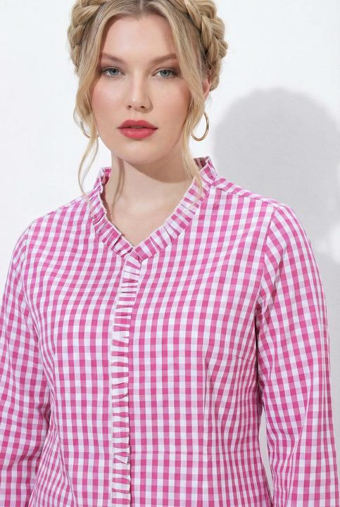 Actual product image Ulla Popken Checked Ruffle Trim 3/4 Sleeve Button-Down Shirt (60)