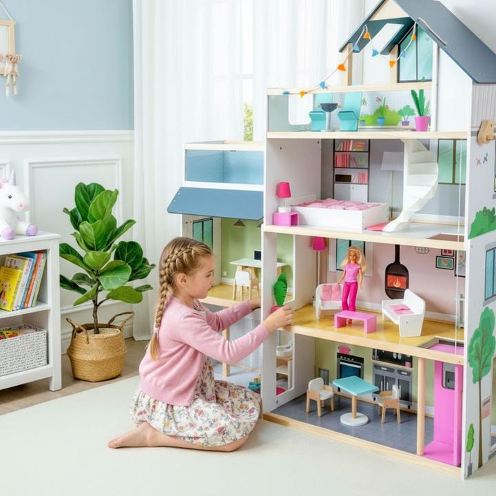 Actual product image Hermex 33-tlg. XXL Puppenhaus aus Holz Puppenvilla Spielhaus für Barbies