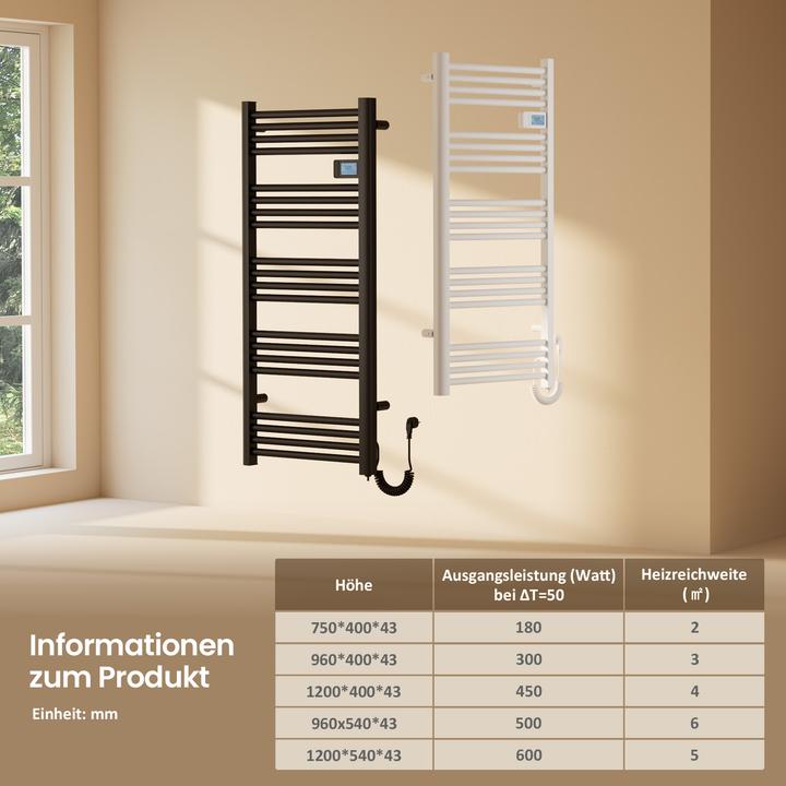 Produktbild Emke Badheizkörper Handtuchhalter Einstellbare Temperaturregelung 96x54cm Weiss 500W (500 W)