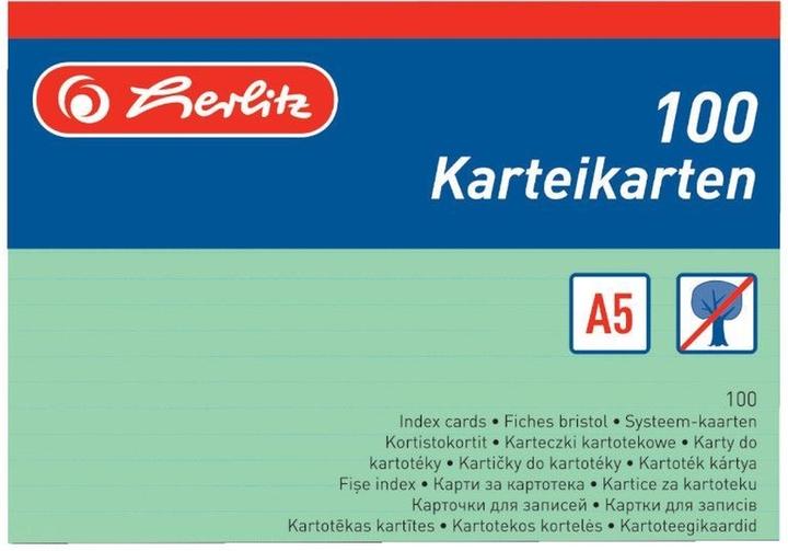Label énergétique Herlitz Fiches, DIN A5, lignées, papier vert, 170 g/m², sans bois, couleur de la ligne : bleu, double (A5, 170 g/m², 100 x)