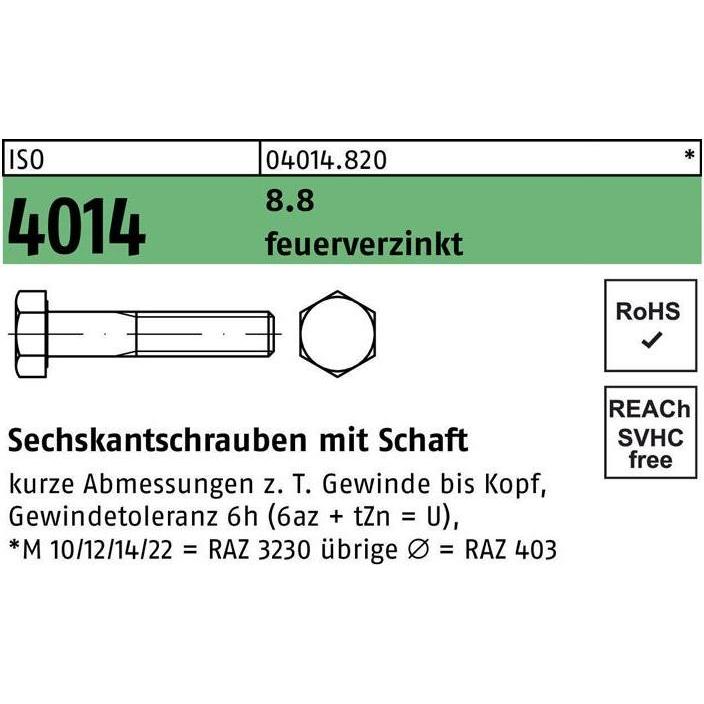 Thumbnail - Reyher, Schrauben, Sechskantschraube DIN 931 m.Schaft M 33 x 120 8.8 feuerverzinkt (5 Schrauben pro Stück)