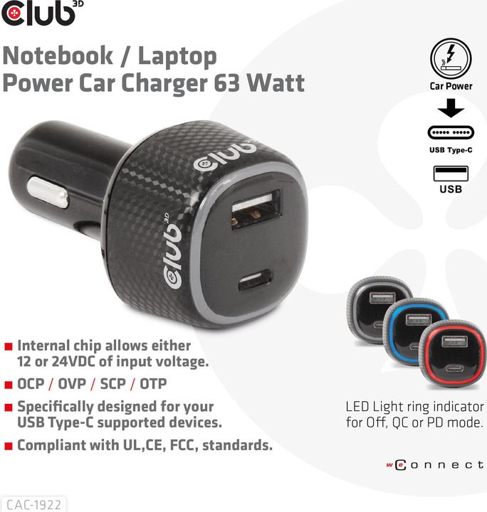 Produktbild Club 3D Club3D USB KFZ-Ladegerät 1xUSB C, 1xUSB A, 63W, 12/24V retail