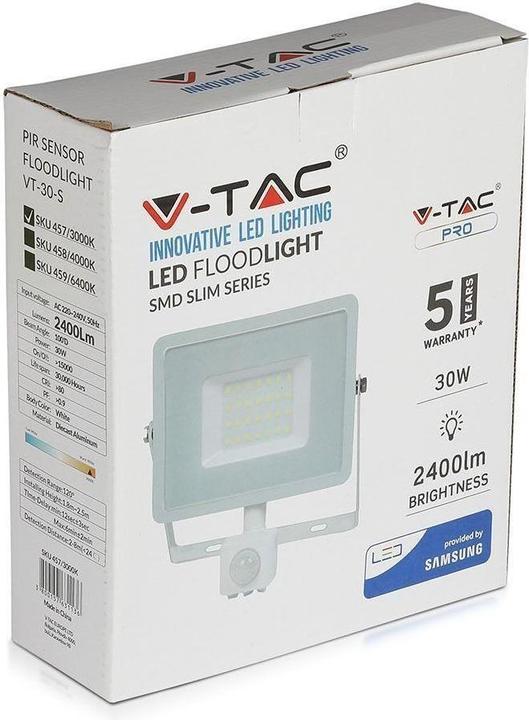 Image du produit V-TAC VT30SW 30W LED Sensor Projector SAMSUNG Chip Fonction d'arrêt Boîtier blanc 6400K (2400 lm, IP65)