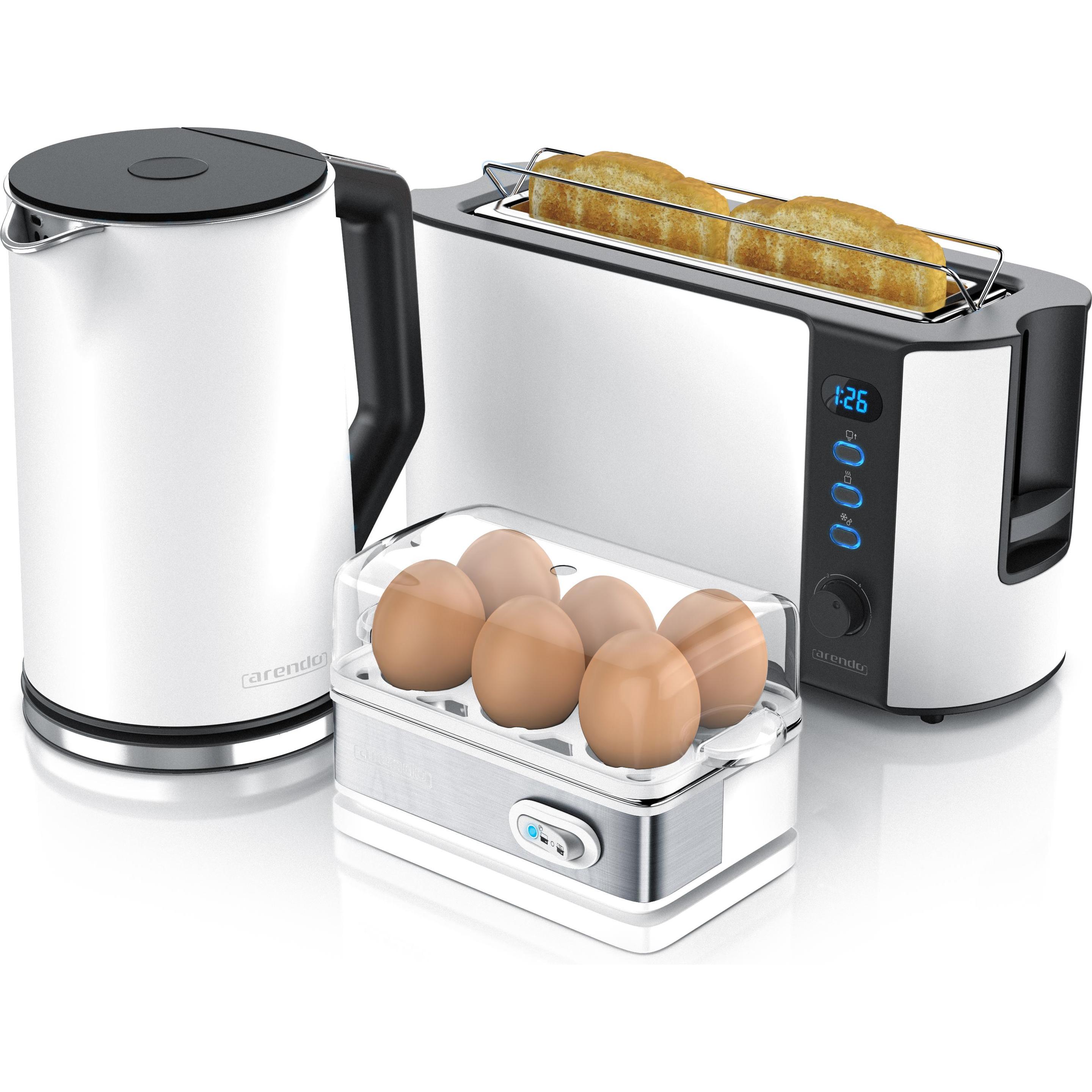 Arendo Frühstücks Set, Wasserkocher 1,5l Temperaturwahl, 2-Scheiben Toaster & Eierkocher für 6 Eier, Weiss, Eierkocher, ...