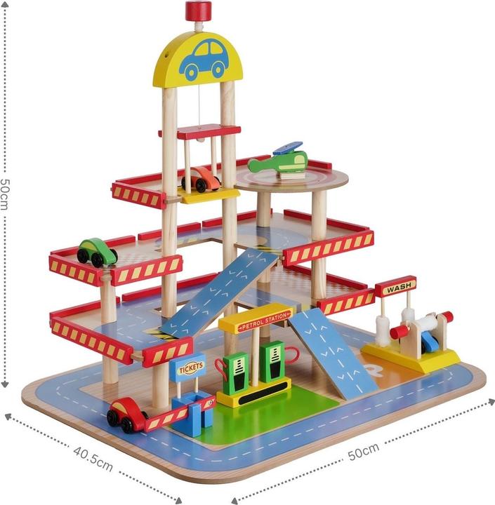 Hermex Holz-Parkhaus für Kinder mit Zubehör Parkgarage Spielzeug Spielgarage