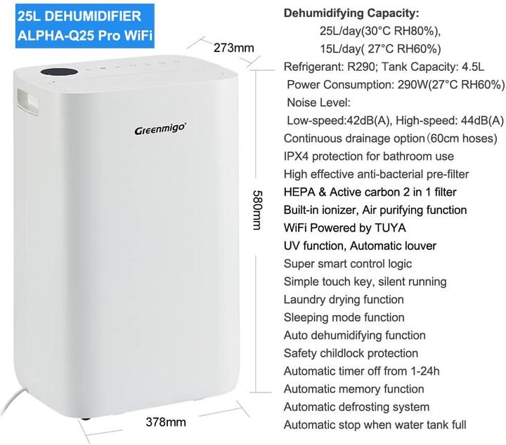 Image du produit Greenmigo WiFi Luftentfeuchter Alpha Q25 Pro mit Fernsteuerung, HEPA- und Aktivkohlefilter (70 m², 25 l/24h)