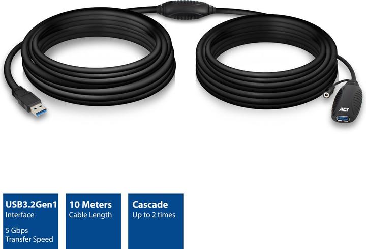 Produktbild ACT AC6110 USB Kabel 10 m 3.2 Gen 1 (3.1 Gen 1) USB A Schwarz (10 m, USB 3.2 Gen 1)