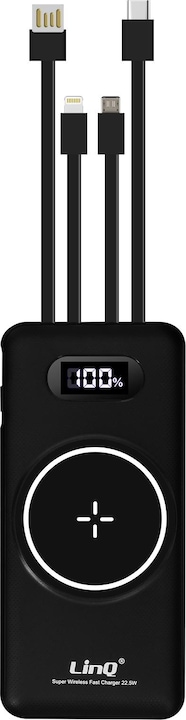 Immagine prodotto LinQ Powerbank da 15.000 mAh con ricarica wireless + USB / USB-C + cavo multiplo (15000 mAh)