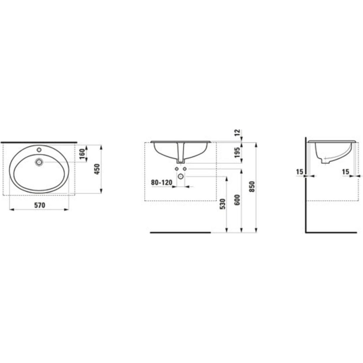 Thumbnail - Laufen, Waschbecken, Indova Einbauwaschtisch, von oben, mit Armaturenbank, 1 Hahnloch, mit Überlauf, 570x450mm, H (587 m...