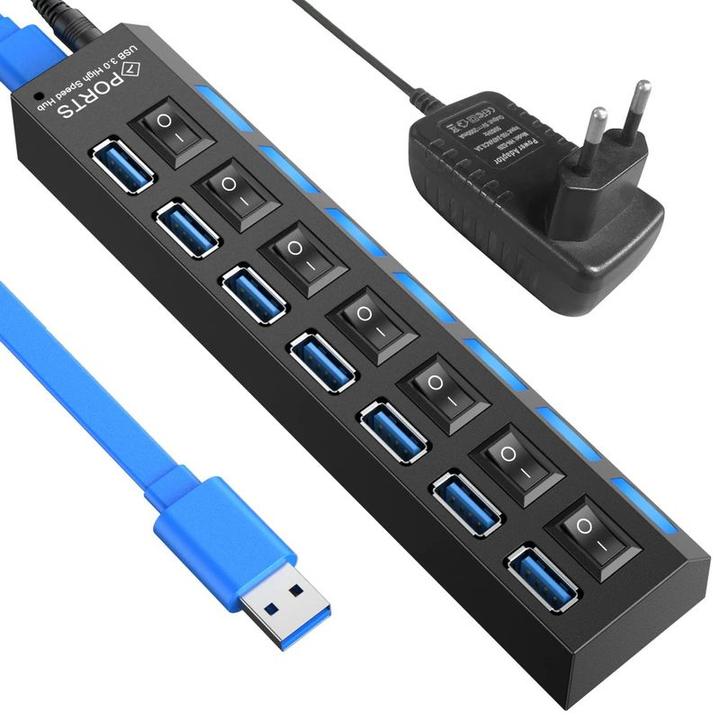 Produktbild Hermex USB-Hub USB-A 3.0 7-Port Adapter mit Ein- u. Ausschalter und Licht (USB-A, 7 Ports)
