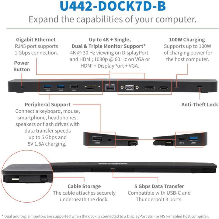 Produktbild Eaton USB-C Dock Triple Display 4K HDMI & DP VGA USB 3.2 Gen 1 USB-A/C Hub GbE 100W PD Cha (USB-C, 4 Ports)