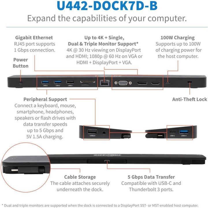 Image du produit Eaton Station d'accueil USB-C triple affichage 4K HDMI & DP VGA USB 3.2 Gen 1 Hub USB-A/C GbE 100W PD Cha (USB-C, 4 Ports)